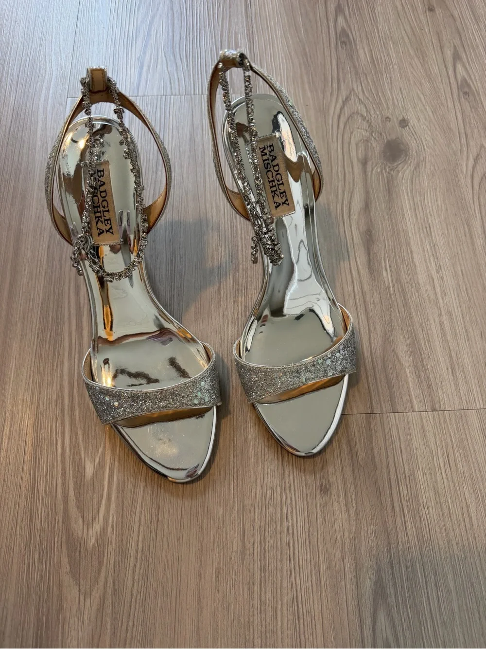 Badgley Mischka Silver Glitter Crystal-Embellished Slingback Heels